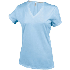 KARIBAN Női V-nyakú rövid ujjú pamut póló, Kariban KA381, Sky Blue-L