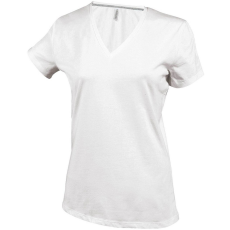 KARIBAN Női V-nyakú rövid ujjú pamut póló, Kariban KA381, White-3XL