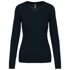 KARIBAN Női V-nyakú testhezálló pulóver, Kariban KA966, Navy-XS