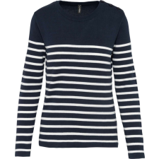 KARIBAN Női vállon gombolós csíkos pulóver, Kariban KA990, Striped Navy/Off White-M női pulóver, kardigán