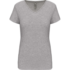 KARIBAN rövid ujjú Női V-nyakú sztreccs póló KA3015, Light Grey Heather-2XL női póló