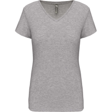 KARIBAN rövid ujjú Női V-nyakú sztreccs póló KA3015, Light Grey Heather-L női póló