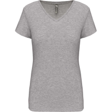 KARIBAN rövid ujjú Női V-nyakú sztreccs póló KA3015, Light Grey Heather-M női póló