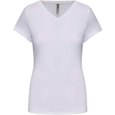 KARIBAN rövid ujjú Női V-nyakú sztreccs póló KA3015, White-2XL