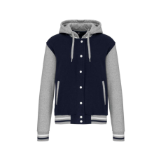 KARIBAN Uniszex kapucnis patentos vastag pulóver, Kariban KA4003, Navy/Oxford Grey/White-XL
