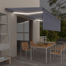 Kék és fehér LED-es kézzel kihúzható napellenző redőnnyel 5x3 m kerti bútor