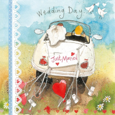 Képeslap Alex Clark borítékkal, 14x14 cm, Just Married autó képeslap