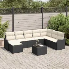  Kerti Kanapé Szett párnával 9 pcs Fekete és fehér Poli rattan kerti bútor
