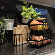 Kétszintes Loft Stílusú Fekete Gyümölcskosár Fából Készült Fogantyúval papírárú, csomagoló és tárolóeszköz