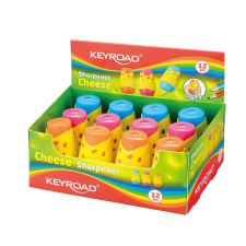 KeyRoad Hegyező 2 lyukú tartályos, fedeles 12 db/display Keyroad Cheese vegyes színek hegyező