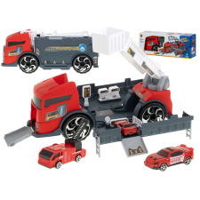 KIK Szállító teherautó TIR 2in1 parkolóház tűzoltóság + 3 autó piros autópálya és játékautó