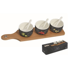 Kínáló fatálca 3 porcelántálkával és kanállal 37x9cm, World Of Party konyhai eszköz