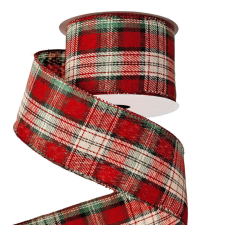  Kockás karácsonyi szalag drótos szegéllyel 63mm x 10m - Krém/Fekete szalag, masni