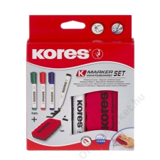 KORES Tábla- és flipchart marker készlet mágneses táblatörlő szivaccsal, 1-4 mm, vágott, KORES, 4 különböző szín (IK20865) filctoll, marker
