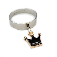 Korona Fekete tűzzománc korona charmos állítható méretű gyűrű, ezüst színű, választható szélességben gyűrű