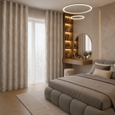 Különleges beige -pezsgőszínű dekorfüggöny fényes mintával –fém ringlivel rúdkarnisra 140X250cm lakástextília