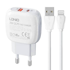 LDNIO A2313C USB-A + USB-C hálózati töltő 20W + USB-A - Lightning kábel fehér mobiltelefon kellék