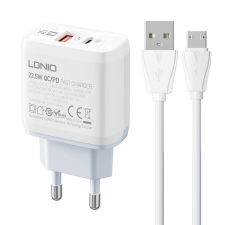 LDNIO A2421C USB-A / USB-C Hálózati töltő + Micro USB kábel - Fehér (22.5W) mobiltelefon kellék