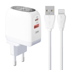 LDNIO A2522C USB-A / USB-C Hálózati töltő + Lightning kábel - Fehér (30W) mobiltelefon kellék
