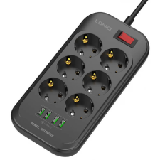 LDNIO SE6403 Elosztó 6 aljzat 4x USB 2m fekete kapcsolós hosszabbító, elosztó