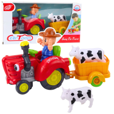 Lean Toys Interaktív farmer traktor pótkocsival, tehénfigurával, fényekkel és hangokkal autópálya és játékautó
