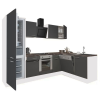 Leziter Yorki 280 sarok konyhablokk fehér korpusz,selyemfényű antracit front alsó sütős elemmel alulagyasztós hűtős szekrénnyel