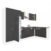 Leziter Yorki 340 sarok konyhablokk fehér korpusz,selyemfényű antracit fronttal polcos szekrénnyel és felülfagyasztós hűtős szekrénnyel