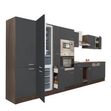 Leziter Yorki 420 konyhablokk yorki tölgy korpusz,selyemfényű antracit fronttal alulfagyasztós hűtős szekrénnyel bútor