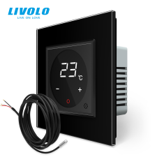 LIVOLO C77STMB LIVOLO érintős hőmérséklet kapcsoló, termosztát, padlóérzékelő szenzorral, 240V 16A, fekete kristályüveg fűtésszabályozás