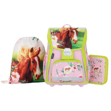  Lovas csatos ergonómikus iskolatáska tolltartóval és tornazsákkal, Premium, zöld-rózsaszín tolltartó