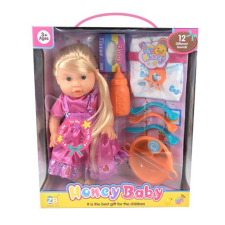 Magic Toys Szőkehajú baba étkészlettel, kiegészítőkkel és hanggal baba