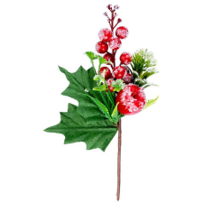 MagicHome karácsonyi ág, bogyókkal és almával, piros, fagy hatás, 22 cm karácsonyi dekoráció