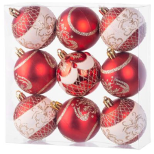 MagicHome karácsonyi gömbok, 9 db, piros, díszítéssel, karácsonyfára, 6 cm karácsonyfadísz
