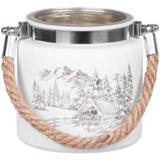  MagicHome karácsonyi gyertyatartó,10 x 10 cm, fehér, tájképpel, zsinórral gyertya