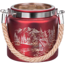  MagicHome karácsonyi gyertyatartó,10 x 10 cm, piros, tájképpel, zsinórral gyertya