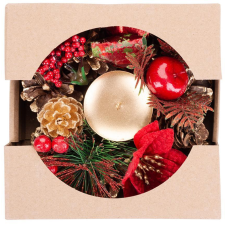  MagicHome karácsonyi gyertyatartó, fenyőágakkal és virággal, natúr, 15 cm gyertyatartó