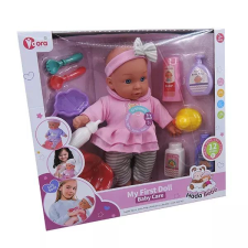 Manyuk Toys Interaktív játékbaba csíkos nadrágban, kiegészítőkkel - 35 cm baba