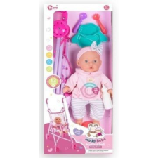 Manyuk Toys Játékbaba babakocsival és kiegészítőkkel - 35 cm, masnis fejpánttal baba