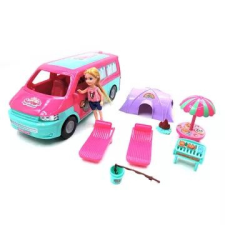 Manyuk Toys Lakóautó szett babával, 12 db-os játékbaba felszerelés