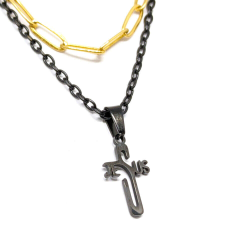 Maria King Dupla rozsdamentes acél nyaklánc arany-fekete színben, nemesacél kereszt/Jézus felirat medállal nyaklánc