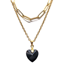 Maria King Dupla rozsdamentes acél nyaklánc arany színben, fekete kristály szív medállal nyaklánc