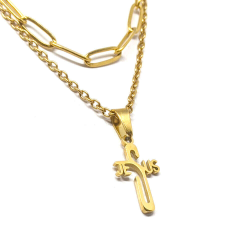 Maria King Dupla rozsdamentes acél nyaklánc arany színben, nemesacél kereszt/Jézus felirat medállal nyaklánc