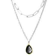 Maria King Dupla rozsdamentes acél nyaklánc ezüst színben, fekete kristály csepp medállal nyaklánc