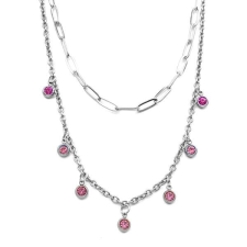 Maria King Dupla rozsdamentes acél nyaklánc ezüst színben, pink kristályos charmokkal nyaklánc
