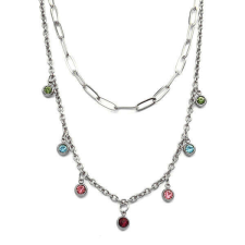 Maria King Dupla rozsdamentes acél nyaklánc ezüst színben, színes kristályos charmokkal nyaklánc