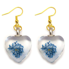 Maria King Kék virágszív fülbevaló, választható arany vagy ezüst színű akasztóval fülbevaló