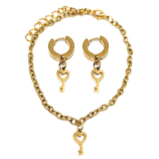 Maria King Szív Kulcs charmos nemesacél karkötő + fülbevaló szett, arany színű ékszer szett