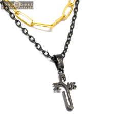 MariaKing Dupla rozsdamentes acél nyaklánc arany-fekete színben, nemesacél kereszt/Jézus felirat medállal nyaklánc