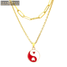 MariaKing Dupla rozsdamentes acél nyaklánc arany színben, piros-fehér jin-jang medállal nyaklánc