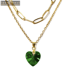 MariaKing Dupla rozsdamentes acél nyaklánc arany színben, zöld kristály szív medállal nyaklánc